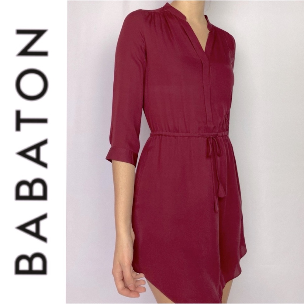 Babaton Maroon Long-Sleeve Tie-Waist Shirt Dress